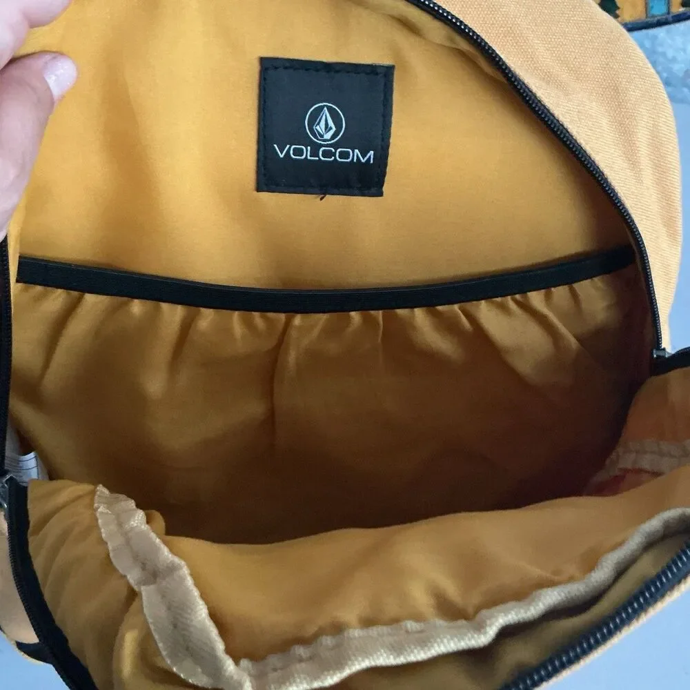 Volcom Backpack Tan Black Canvas Skate School Laptop Bag Embroidered Logo